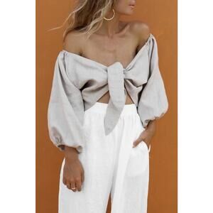 Posse Women’s S Cropped Natural Linen V-Neck Bohemian 3/4 Sleeve Beige Mia Top